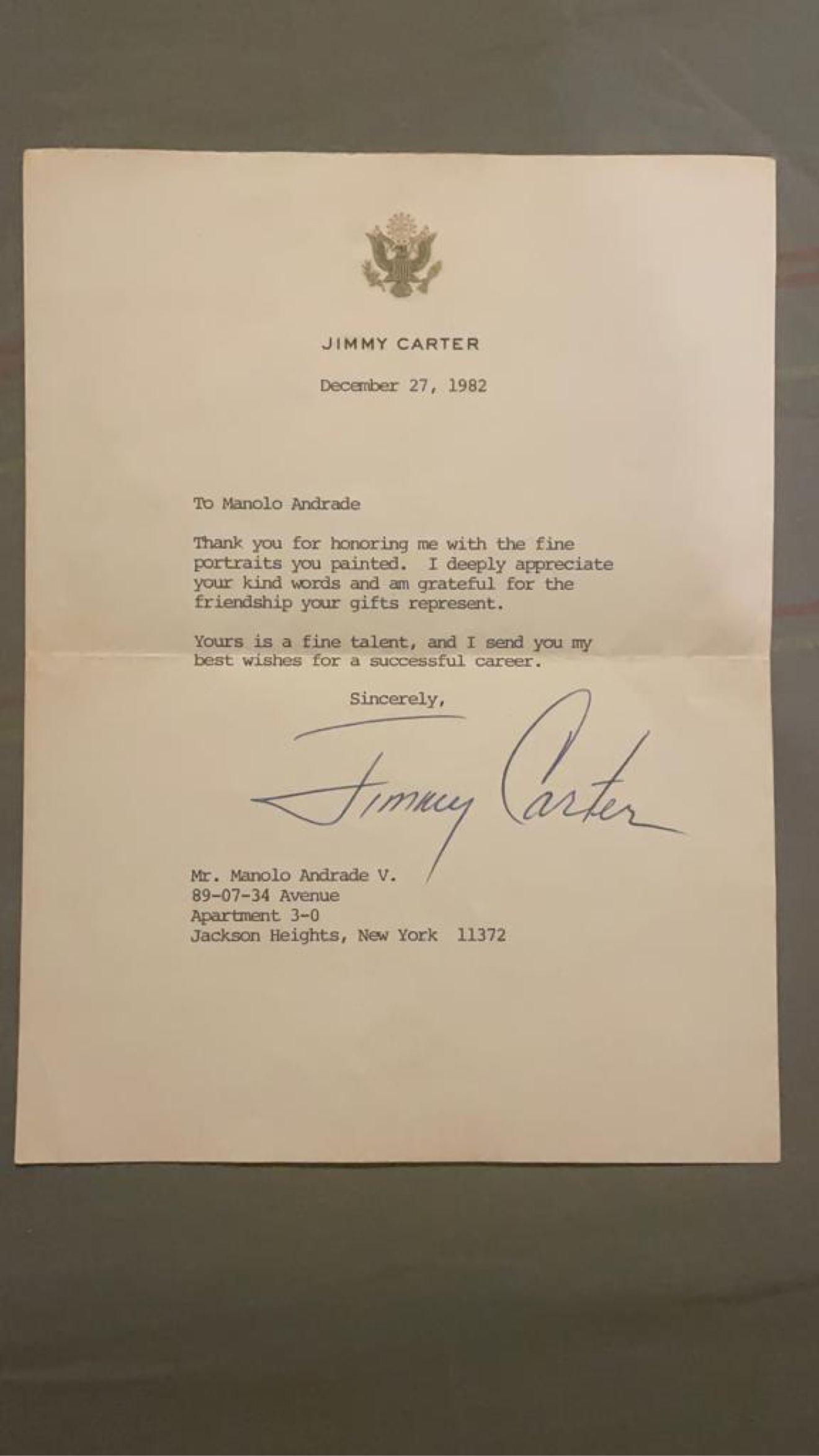 Carta de Jimmy Carter a Manolo Andrade, 1982
